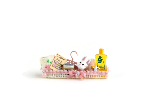 Artisan-Made Vintage 1:12 Miniature Dollhouse Basket Tray with Baby Accessories