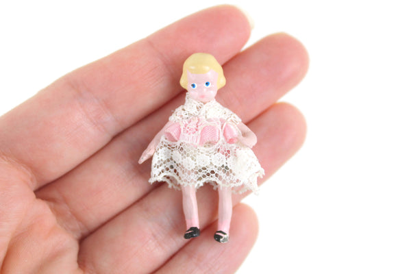 Artisan-Made Vintage 1:12 Miniature Dollhouse Metal Jointed Doll in White Lace Dress