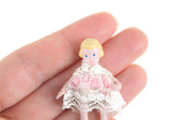 Artisan-Made Vintage 1:12 Miniature Dollhouse Metal Jointed Doll in White Lace Dress