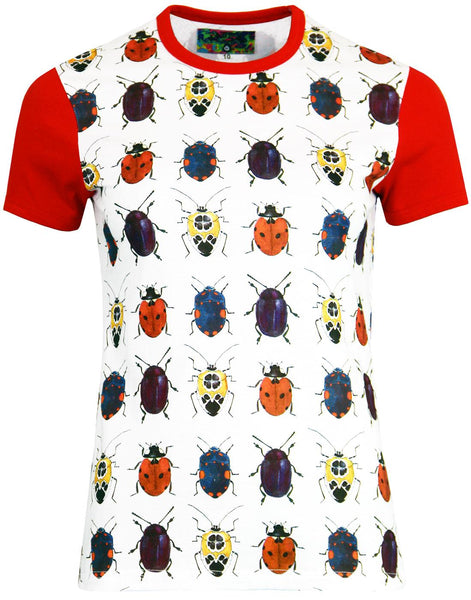 New Madcap England Beetlebum Beetle Print White & Red Short Sleeve Tee, Size XS / S, UK 12