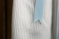 Vintage Beige Striped & Baby Blue Puff Sleeve Maxi Dress with Blue Sash Belt
