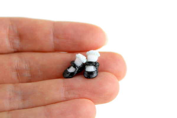 Artisan-Made Vintage 1:12 Miniature Dollhouse Black Mary Jane Baby Shoes with White Lace Socks