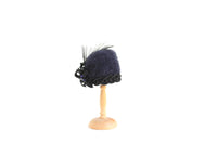 Artisan-Made Vintage 1:12 Miniature Dollhouse Black Navy Blue Faux Fur Pillbox Hat with Feathers