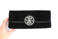 Vintage Black Velvet & Silver Clutch Purse with Rhinestone Accents