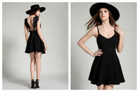New Black Mini Dress with Embroidered Wing Straps, Size L
