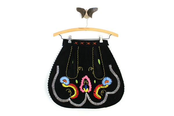 Vintage Black Cotton Multi-Color Floral Embroidered Apron