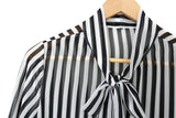 New Sheer Black & White Stripe Long Sleeve Blouse with Tie Neck Scarf, Size S or M