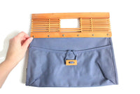 Vintage Blue Clutch Purse with Bamboo Handle