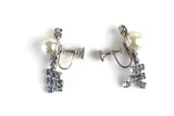 Vintage Pearl & Blue Rhinestone Screw Back Drop Earrings