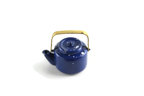 Vintage 1:12 Miniature Dollhouse Blue Spatterware Tea Kettle