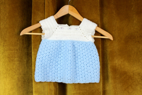 Vintage & Handmade Light Blue & White Crochet Knit Baby Sweater with Balloon Buttons