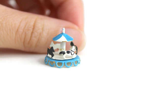 Vintage 1:12 Miniature Dollhouse Blue & White Metal Toy Horse Carousel