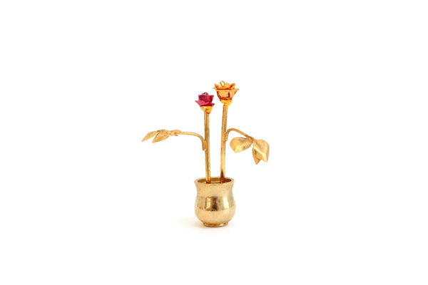 Vintage 1:12 Miniature Dollhouse Brass Flower Pot with Gold & Red Brass Rose Stems