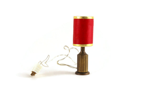 Vintage 1:12 Miniature Dollhouse Brass & Red 12V Plug-In Table Lamp (Untested)