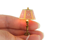 Vintage 1:12 Miniature Dollhouse Working Brass & Pink Floral 12V Plug-In Table Lamp