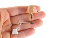 Vintage 1:12 Miniature Dollhouse Working Brass & Pink Floral 12V Plug-In Table Lamp