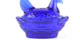 Vintage Degenhart Cobalt Blue Glass Hen on Nest / Chicken in Basket Salt Cellar