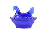 Vintage Degenhart Cobalt Blue Glass Hen on Nest / Chicken in Basket Salt Cellar