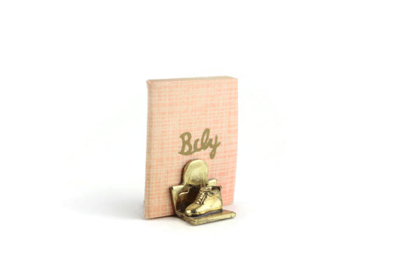 Vintage 1:12 Miniature Dollhouse Baby Album Book with Gold Baby Bootie Bookends