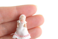 Artisan-Made Vintage Miniature Dollhouse Porcelain Baby Doll in White & Pink Dress