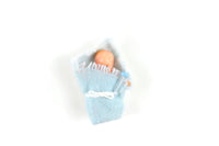 Vintage Miniature Dollhouse Baby Doll Figurine in Blue Blanket with Bottle