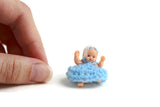 Vintage 1:12 Miniature Dollhouse Baby Doll Figurine in Handmade Blue Crochet Dress & Bonnet