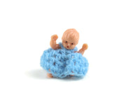 Vintage 1:12 Miniature Dollhouse Baby Doll Figurine in Handmade Blue Crochet Dress & Bonnet