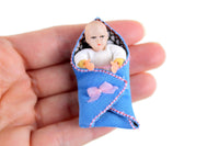 Vintage 1:12 Miniature Dollhouse Baby Doll Figurine with Blue Swaddle Blanket