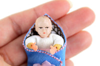 Vintage 1:12 Miniature Dollhouse Baby Doll Figurine with Blue Swaddle Blanket