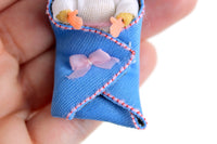 Vintage 1:12 Miniature Dollhouse Baby Doll Figurine with Blue Swaddle Blanket
