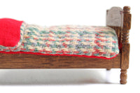 Vintage 1:12 Miniature Dollhouse Wooden Bed with Red Plaid Bedding