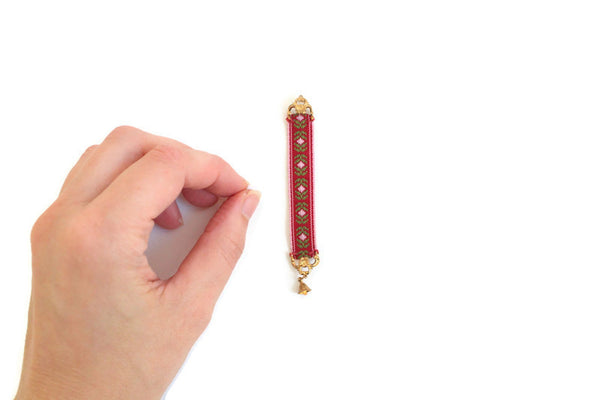Artisan-Made Vintage 1:12 Miniature Dollhouse Pink Embroidered Tapestry Bell Pull