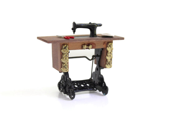 Vintage 1:12 Miniature Dollhouse Sewing Machine with Scissors & Sewing Pattern