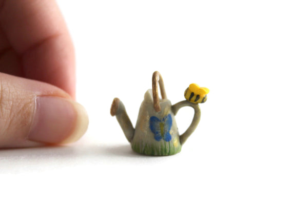 Artisan-Made Vintage 1:12 Miniature Dollhouse Hand-Painted Watering Can with Bee
