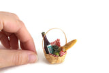 Vintage 1:12 Miniature Dollhouse Picnic Basket with Wine, Fruit & Bread