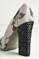 Anthropologie Silk Floral Gray & Green "Dusk Blossom Heels" by Paola d'Arcano, Size US 9 / EU 40, Originally $248