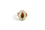 Vintage Gold Braided Band Ring with Framed Red Rosebud, Size 6