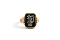 Vintage Gold & Black Frame Letter "P" Initial Ring, Size 10