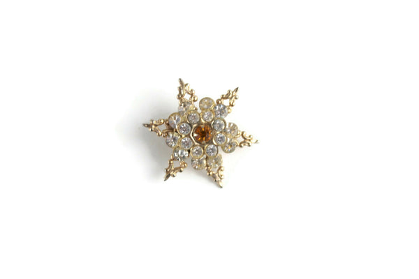 Vintage Gold & Orange Rhinestone Star Snowflake Flower Brooch