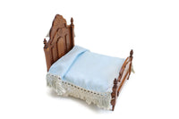 Vintage 1:12 Miniature Dollhouse Wooden Gothic-Style Bed with Blue Bedding