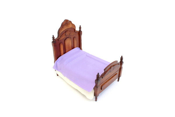 Vintage 1:12 Miniature Dollhouse Wooden Gothic-Style Bed with Purple Bedding