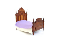 Vintage 1:12 Miniature Dollhouse Wooden Gothic-Style Bed with Purple Bedding