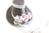 Artisan-Made Vintage 1:12 Miniature Dollhouse Gray Velvet Bonnet with Floral & Ribbon Trim