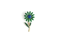 Vintage Green Blue & Gold Enamel Daisy Flower Stem Brooch