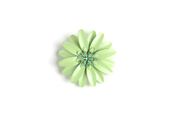 Vintage Mint Green Enamel Daisy Flower Brooch Pendant with Green Rhinestones