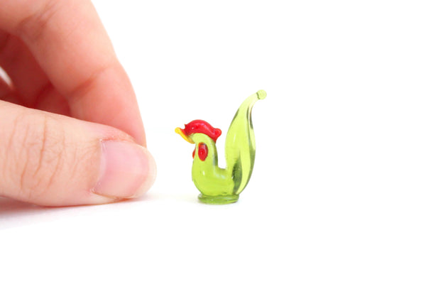 Vintage Miniature Green & Red Glass Rooster Figurine
