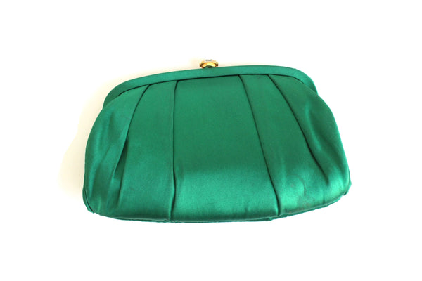 Vintage Emerald Green Satin Clutch Purse or Evening Bag with