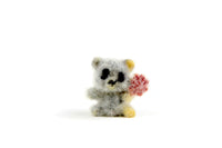 Vintage 1:12 Miniature Dollhouse Gray & Beige Flocked Teddy Bear with Flower