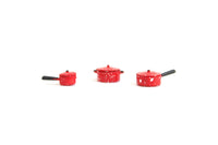 Vintage Half Scale 1:24 Miniature Dollhouse Set of 3 Red & White Enamel Cookware Pots