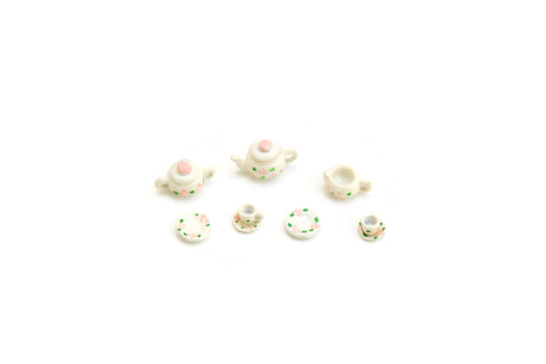 Vintage Small Scale Miniature Dollhouse White & Pink Floral Tea Set